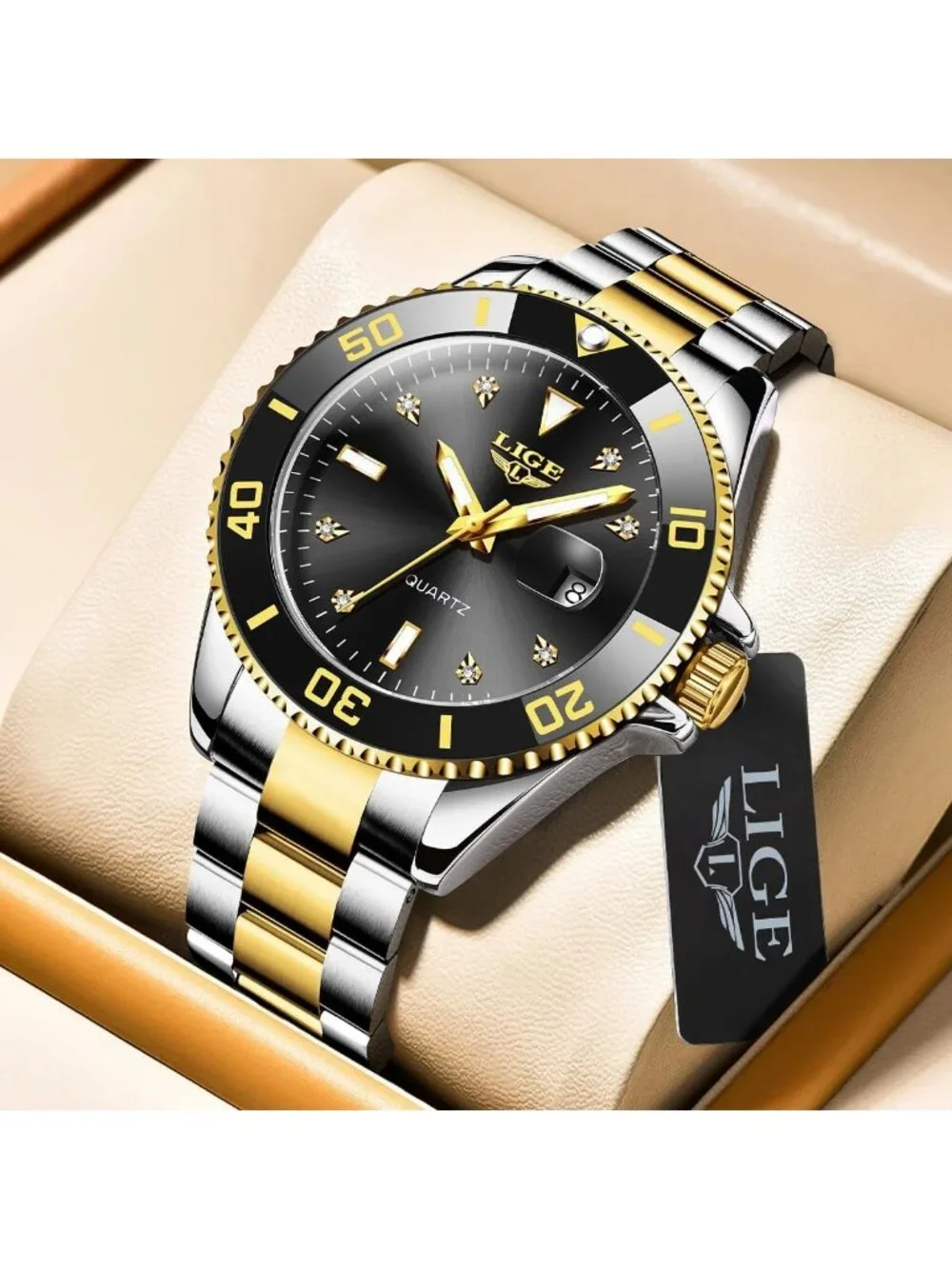 Men's Silver Gold Black Quartz Analog Stainless Steel Waterproof Date Wristwatch